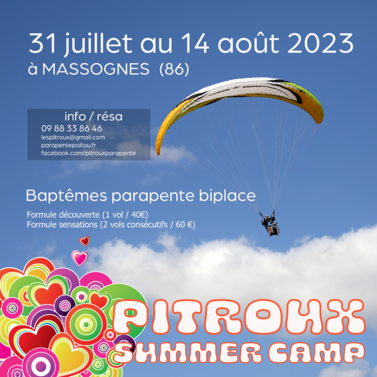 du 31 juillet au 14 août, baptêmes de l'air de vol libre en parapente biplace avec les pitroux